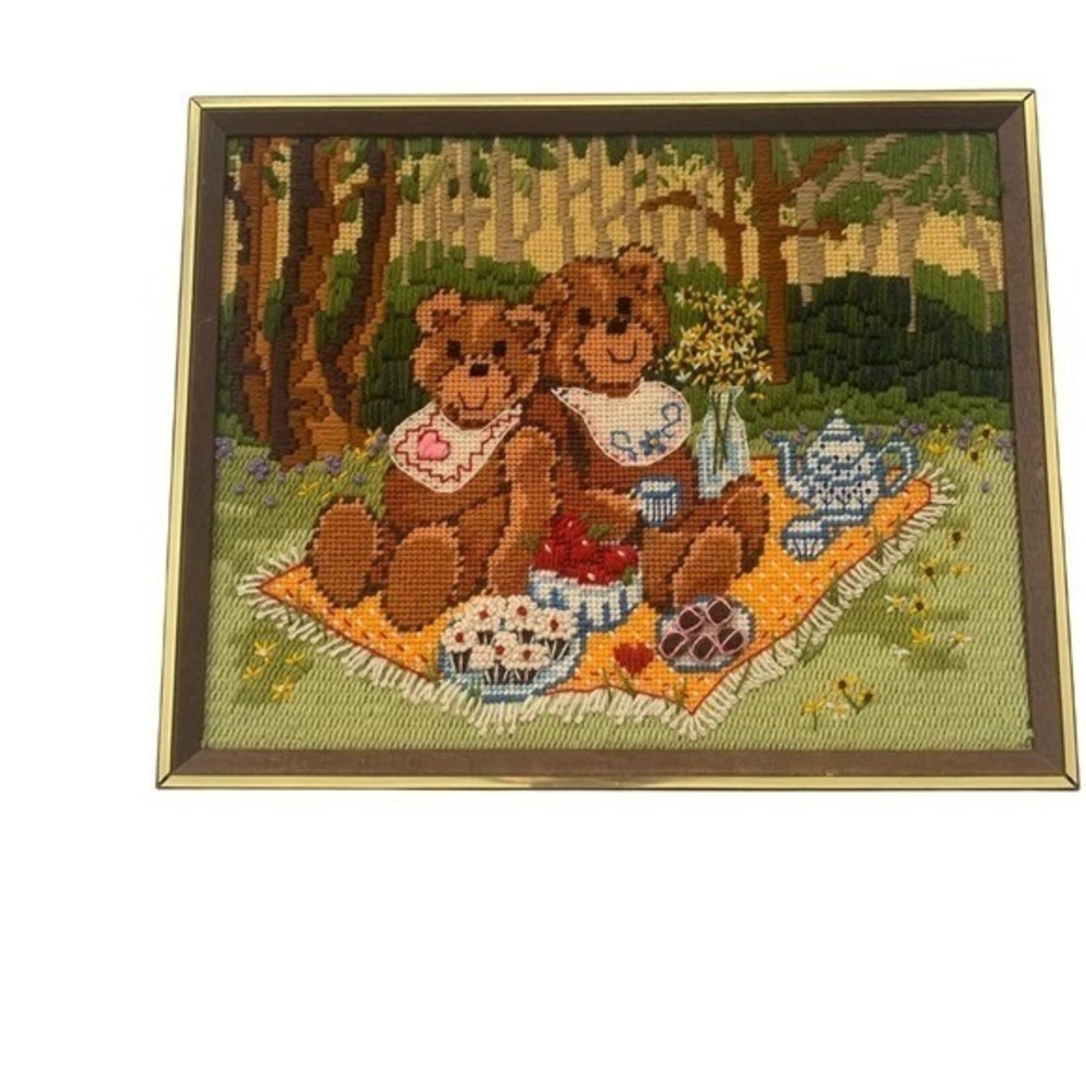 Vintage 1980 Sunset Designs‎ Little Bears Picnic Needlepoint Framed Art